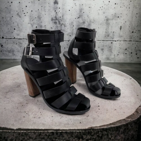 Vince Sandals Caged Strappy Nicolette Womens 8M 38 Black Leather Block High Heel - Picture 16 of 16